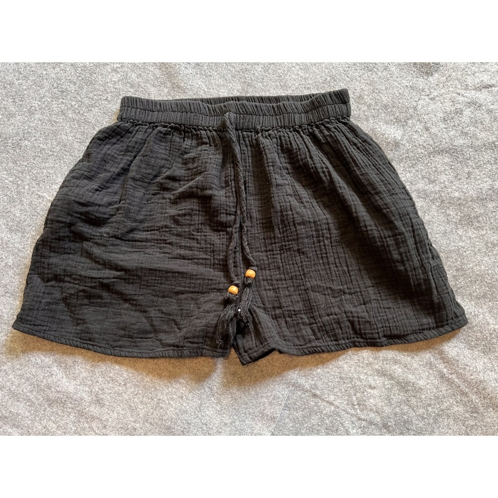Salty Lemon Gauze Shorts Large Black Cotton Tassel Drawstring